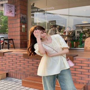 카라블라우스 플레어 블라우스 여름 반전뒤태 캐주얼블라우스 카라넥 포인트 백리스 여성 퍼프 루즈핏