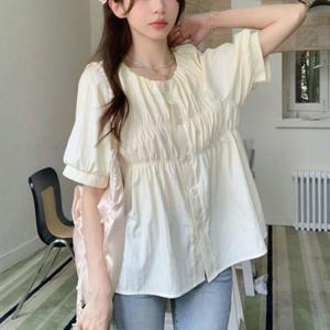 여성반팔셔츠 반팔 플레어핏 데일리룩 여름 셔링 셔츠 여자반팔셔츠 시원한 노카라 블라우스 여성