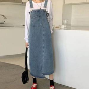 여성 데님 멜빵 원피스 언발란스 오버롤 청 롱 스커트 데일리