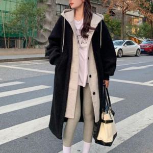 양털 후리스 점퍼 뽀글이 후드 롱코트 오버핏 블랙 레이어드