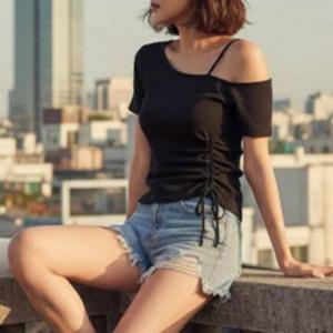 언발란스 끈나시 셔링 브라캡 티셔츠 노브라티 반팔 여성 탑