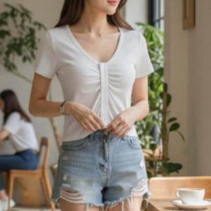 이너웨어탑 브이넥 반팔 여성 노브라티 티셔츠 브라캡 앞셔링