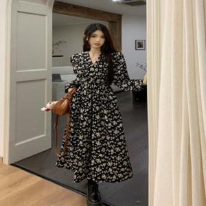원피스 여자 패턴 v넥 롱 긴팔 꽃무늬 쉬폰 랩