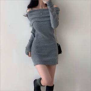 미니원피스 2색 오프숄더 골지 여성 니트 여리여리
