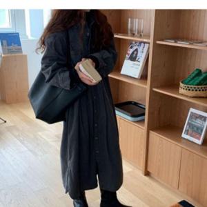 [2컬러] 루즈핏 데님 셔츠형 청 롱 원피스 여성 데일리 롱 남방