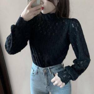 여성 시스루 레이스 하이넥 긴팔 블라우스 섹시 이너 셔츠