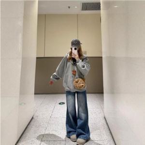 강아지 자수 패턴 루즈핏 회색 후드집업 긴팔티 여성 캐주얼 티셔츠