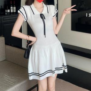 러블리 데이트룩 여름 마린룩 반팔 니트 미니원피스 카라 원피스