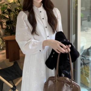 여성 펀칭 자수 화이트 롱원피스 A라인 프릴 원피스