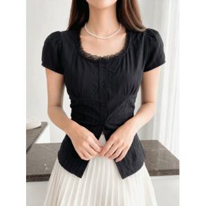여름 A라인 롱 블라우스 뒷리본 레이스 퍼프소매