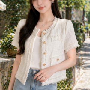반팔 트위드 자켓 여성용 하객룩 오피스룩 여름용 세미크롭 진주 단추 고급스러운 외출복 p6513b