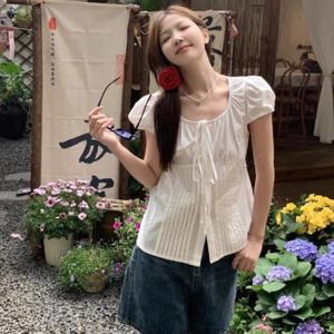 썸머 블라우스 리본 스트랩 핀턱 여름 리본플 허리 라인