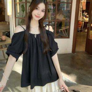 오프 숄더 반팔 블라우스 리본 여름 어깨 트임 어깨끈 끈나시 루즈핏 캐주얼 데일리