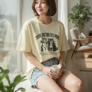 그래픽 디자인 라운드넥 냥이 박시핏 반팔 티셔츠 남성 여성 귀여운