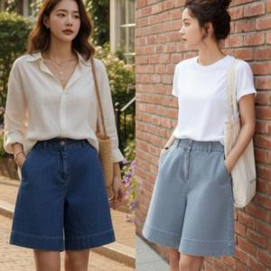 여자 5부 데일리 쿨 청반바지 뒷밴딩 버뮤다 데님팬츠 키작녀