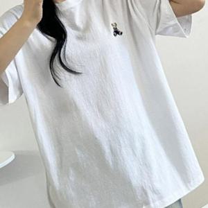 여성 오버핏 순 면 여름 테디베어 반팔 티 셔츠 흰색