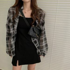 원피스 루즈핏 끈나시 체크셔츠 여성 세트 레이어드