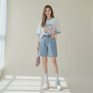 여성 데님 5부 반바지 보이핏 밴딩 청바지 편안한 데일리 팬츠