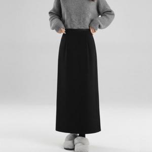 여성 겨울 벨벳 롱스커트 기모 H라인 뒷트임 밴딩 따뜻한 출근룩