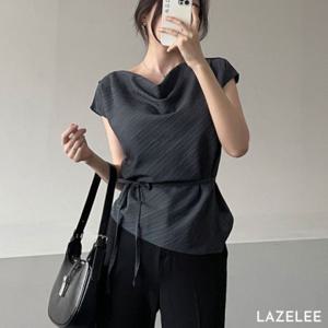 레이즐리 다크그레이 카울넥 드레이프 보트넥 반소매 블라우스 허리끈 여성 여름 오피스룩 하객룩