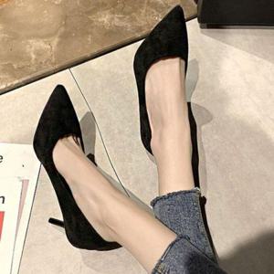 스웨이드 소재 여성 뾰족 7cm 5cm 블랙 미들힐 구두 슬링백힐 통굽 수제화 가보시힐