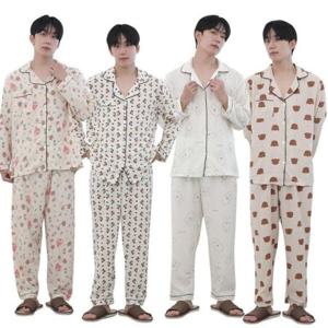 남성 포포면 긴팔 잠옷 홈웨어 단추 파자마 상하세트