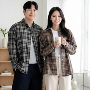 체크남방 셔츠 남녀 여유핏 캐주얼 롱슬리브 5색 긴팔 티셔츠 라운드티셔츠 남녀공용 루즈핏