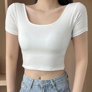 패드내장 슬림 스퀘어넥 등파인 크롭반소매티 슬림크롭티 백리스티셔츠 여자크롭티 백리스티 패드내장티