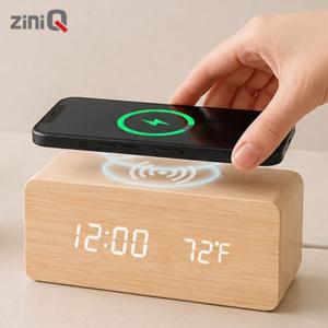 지니큐 스마트 무선충전 LED 우드 무소음 전자시계 ZQ-CW700