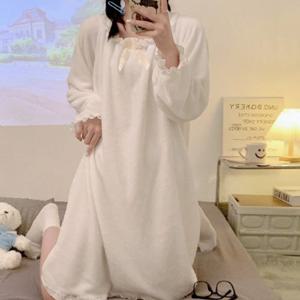 겨울 극세사 수면잠옷 공주 파자마 세트 여성 원피스 잠옷