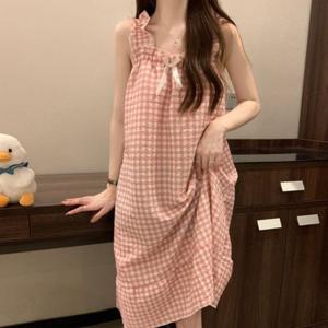 여성 체크 리본 캡내장 나시 원피스 파자마 수면 잠옷
