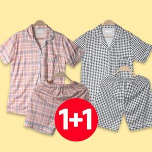 세트 에이프리콧 홈웨어 2개 시원한 잠옷 여성 블랙 세트 체크 여름 반팔 바지 원픽 셀파