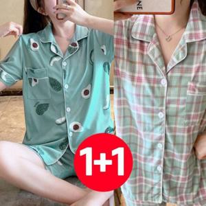 홈웨어 민트 여성 시원한 잠옷 바지 체크 세트 아보카도 반팔 2개 세트 여름 원픽 셀파