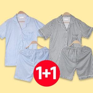 시원한 여름 세트 여성 잠옷 바지 반팔 체크 2개 세트 홈웨어 스카이 블랙 원픽 셀파