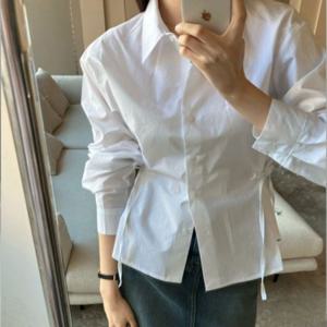 슬림핏 셔링 허리라인 셔츠 블라우스 데일리 화이트 남방