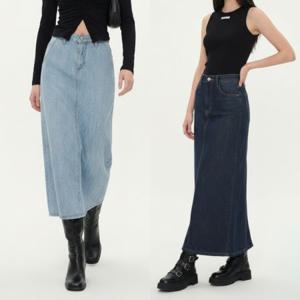 하이웨스트 연청 데님 롱 스커트 H라인 일자 청치마