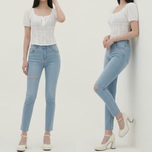 여성 스퀘어넥 퍼프 블라우스 슬림 스판 데님 팬츠핏