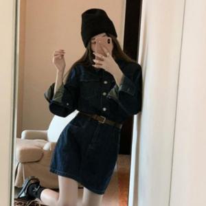 여성 슬림핏 긴팔 카라 포켓 미니 데님 청 원피스