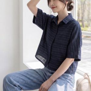여성 여름 린넨 세미 크롭 카라 셔츠 티셔츠 블라우스