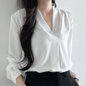 여성 브이넥 블라우스 면접 기본 정장 긴팔 흰색 셔츠