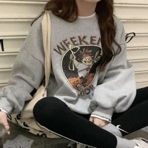 레이어드 기모 여성 프린팅 맨투맨 여자 긴팔 티셔츠 티셔츠 여성 의류