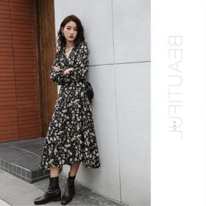 패턴 플라워 원피스 쉬폰 긴팔 봄 가을 A라인 롱 롱원피스 쉬폰원피스