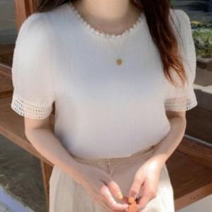여성 내추럴한 레이스 넥라인 반팔 블라우스 화이트 1P 단정한 셔츠