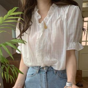 여성 부드러운 소프트한 러플 프릴 반팔 블라우스 화이트 1P 거즈면 셔츠