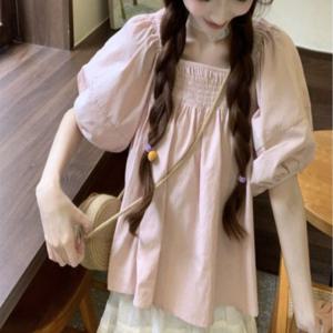 여성반팔블라우스 퀘어넥 벌룬소매 스모크밴딩 반팔블라우스 사무실 하객룩 파티룩