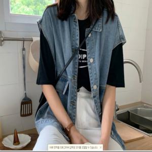 여성데님조끼 2컬러 포켓 카라 러블리 데님조끼 청조끼 아웃도어 출퇴근