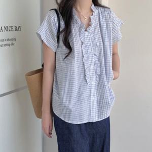F007729 넥프릴 체크블라우스 반팔 셔츠블라우스