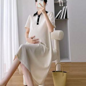 여성 루즈핏 배색 카라 단추 여름 반팔 미디 원피스