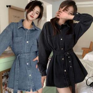 여성 슬림핏 긴팔 카라 셔츠 벨트 데님 청 미니 원피스