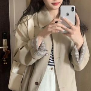 여성 클래식 체크 소매 점퍼 자켓 가을 트렌치 코트